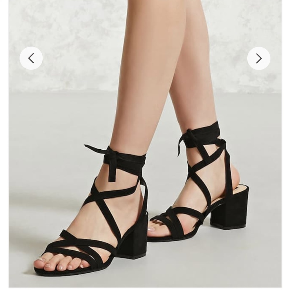 Black strappy ankle wrap block heel sandals
